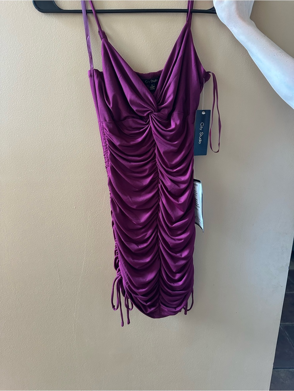 City Studios Ruched Satin Mini Dress in Plum Purple